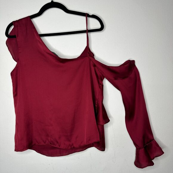 Revolve Lovers + Friends Deep Red Ruffled Flowy One-Sleeve Shoulder Blouse L - Picture 7 of 11